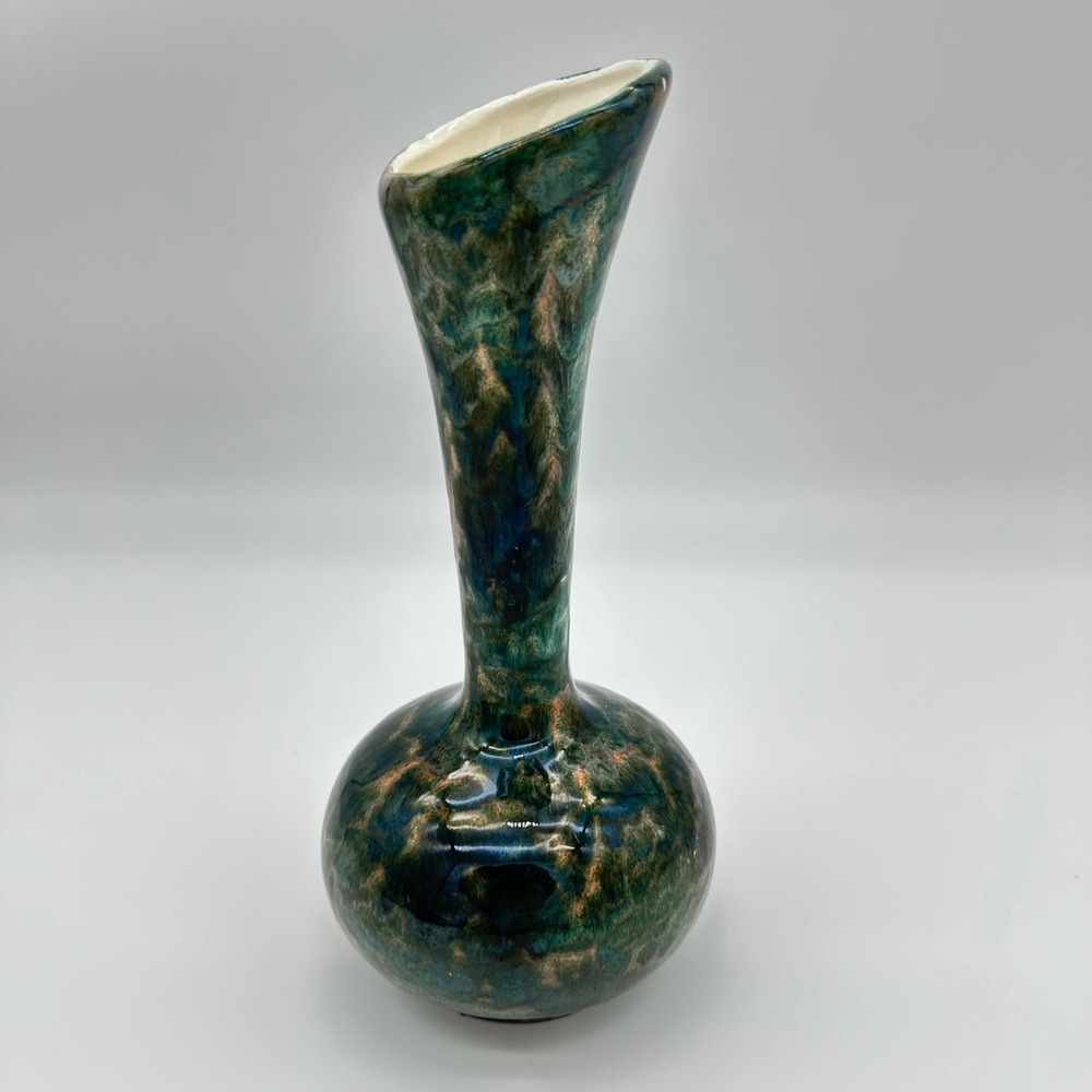 Blue Mountain Pottery Bud Vase 383 8.5" Teal Green Drip Glaze Slant Rim Vintage - Picture 16 of 16